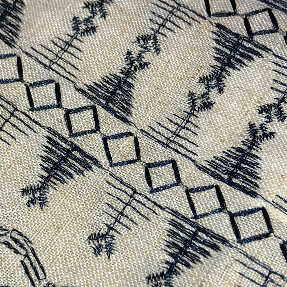 1 Pair Of Lazzy Linen Blend Blue On Beige Grommet Curtains 95” Length